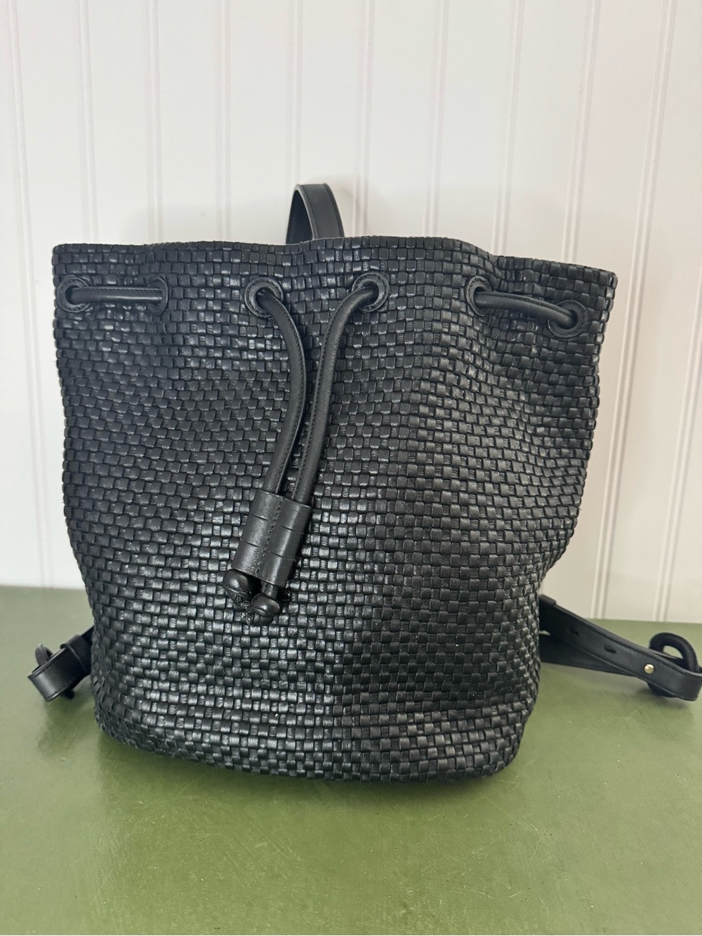 Cole Haan Woven Convertible Bucket Backpack/Handbag in Black Leather
